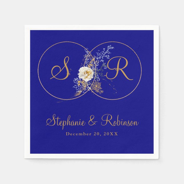 Guardanapo De Papel Monograma Dourado Personalizado No Casamento Azul  (Frente)