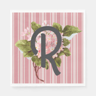 Guardanapo De Papel Monograma e Flores em Listras Rosa