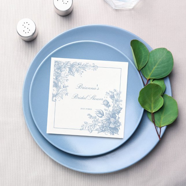 Guardanapo De Papel Monograma elegante francês de chinoiserie azul imp (Elegant French toile chinoiserie dusty blue monogram printed Napkins bridal shower table decor)