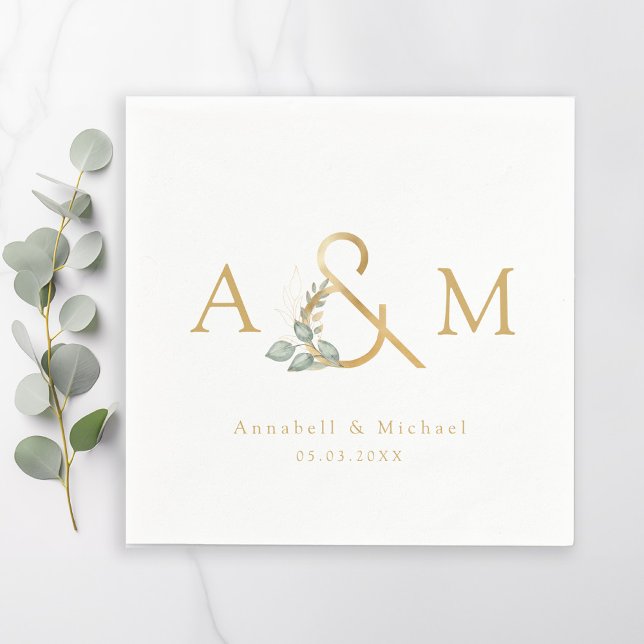 Guardanapo De Papel Monograma, Eucalyptus Ampersand, branco e Dourado (Monogram, Eucalyptus Ampersand, White & Gold Wedding Napkins.)