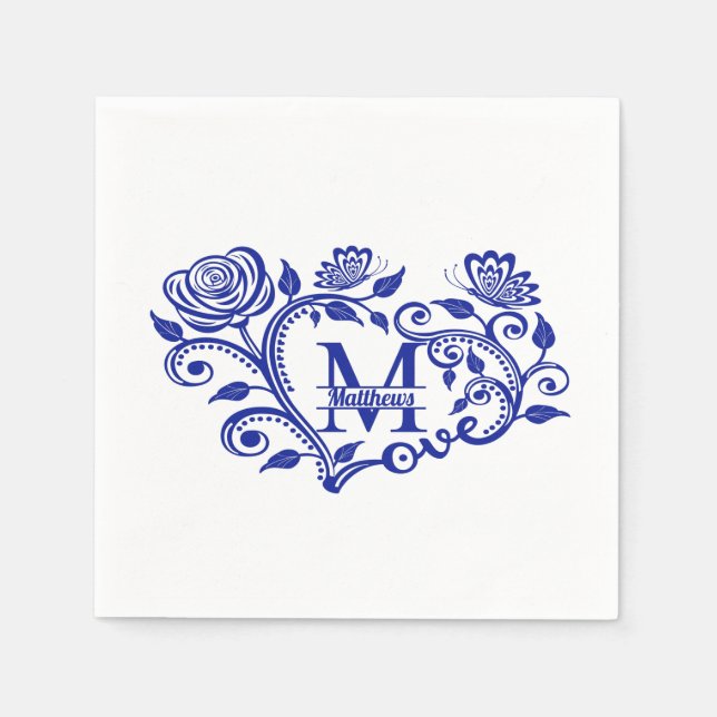 Guardanapo De Papel Monograma Floral Azul de Marinho Personalizado M (Frente)