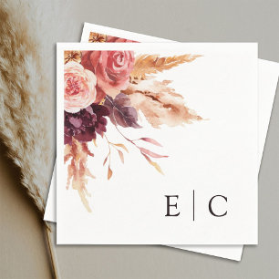 Guardanapo De Papel Monograma Floral de Casamento Burgundy Terracotta