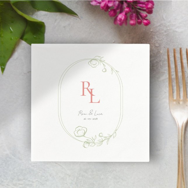 Guardanapo De Papel Monograma Floral Verde Branco Casamento Napkins (Criador carregado)