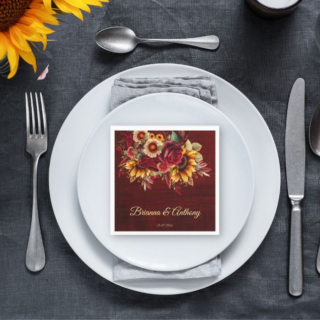 Guardanapo De Papel Monograma impresso de bródia de casamento de giras (Fall sunflower wedding burgundy monogram printed napkins template personalized sunflower tableware)