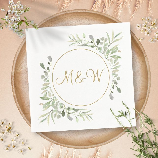 Guardanapo De Papel Monograma Inicial de Letra Dourada Elegante com Ve (Elegant Gold Script Monogram Initials Greenery Napkins)