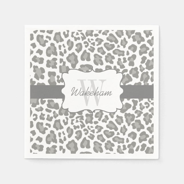 Guardanapo De Papel Monograma Leopardo Branco e Cinza Coquetel Napkin (Frente)