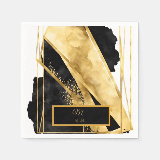 Guardanapo De Papel Monograma Moderno Dourado Luxuriano Elegante, pret (Frente)