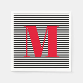 Guardanapo De Papel Monograma moderno - listras brancas pretas vermelh