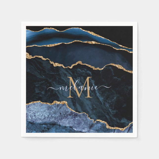 Guardanapo De Papel Monograma Nome Agate Marinho Azul Dourado Marble N (Frente)