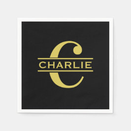 Guardanapo De Papel Monograma Personalizado E Nome Preto E Dourado