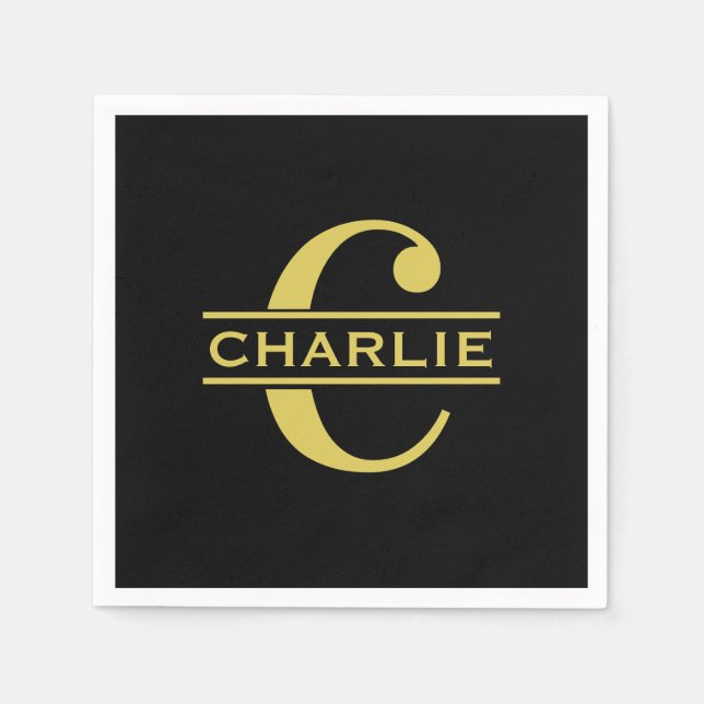 Guardanapo De Papel Monograma Personalizado E Nome Preto E Dourado (Frente)
