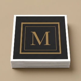 Guardanapo De Papel Monograma Personalizado em Moldura Preta e Dourada
