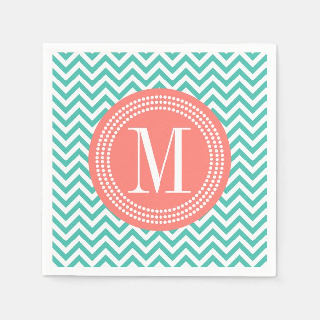 Guardanapo De Papel Monograma Personalizado Turquoise Chevron Zigzag (Frente)