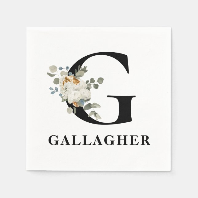 Guardanapo De Papel Monograma Preto Branco Floral G (Frente)