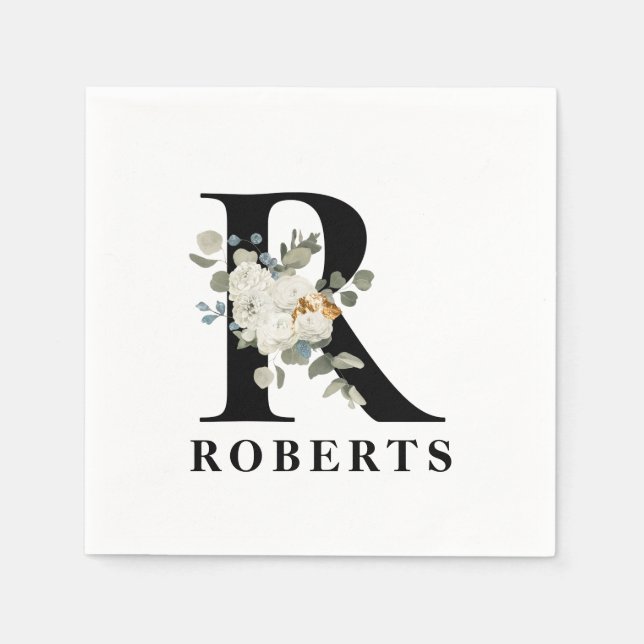 Guardanapo De Papel Monograma Preto Branco Floral R (Frente)