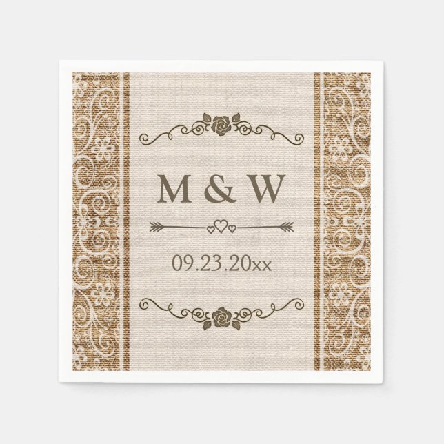 Guardanapo De Papel Monograma Rustic Burlap Lace Wedding (Frente)
