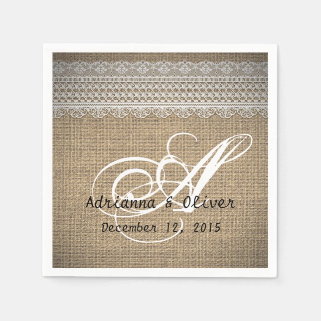 Guardanapo De Papel Monograma Rustic Country Burlap Lace Wedding (Frente)