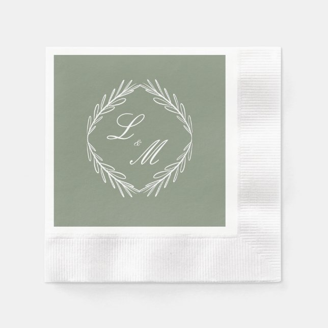 Guardanapo De Papel Monograma Script Branch Sage Green Wedding Napkins (Frente)