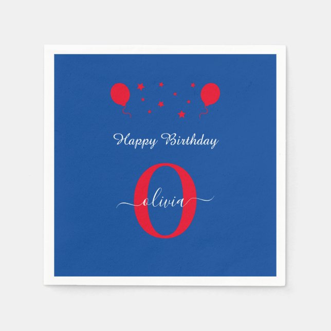 Guardanapo De Papel Monograma Script Happy Birthday Blue Red (Frente)