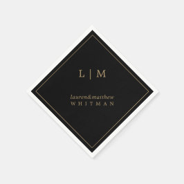 Guardanapo De Papel Monograma Simples Preto e Dourado Elegante Casamen