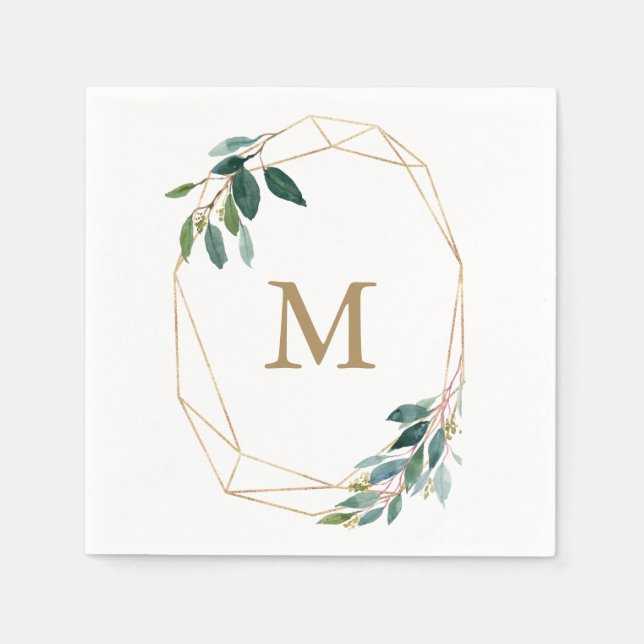 Guardanapo De Papel Monograma Wedding Napkin Dourado Greenery (Frente)