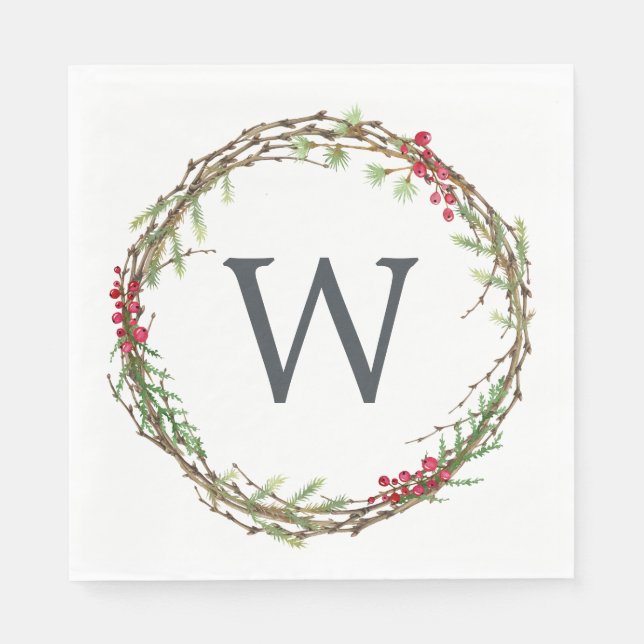 Guardanapo De Papel Monograma Winter Greenery Wreath Berries (Frente)