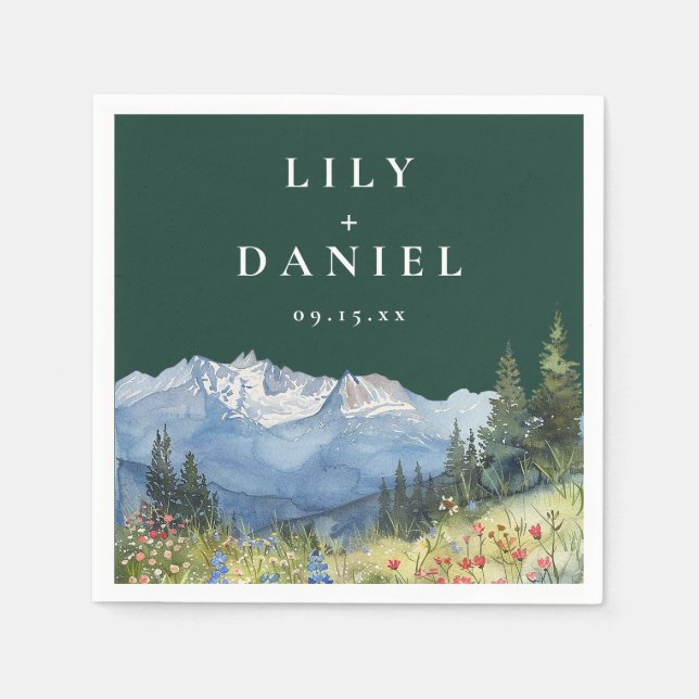 Guardanapo De Papel Montanha Verde Esmeralda Flor Silvestre Casamento  (Frente)