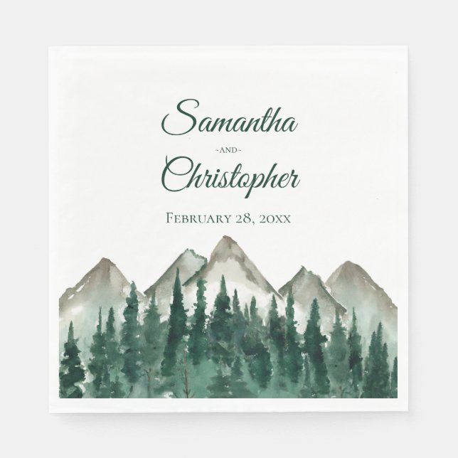 Guardanapo De Papel Montanhas Rustic Watercolor e Casamento Pine (Frente)