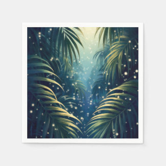 Guardanapo De Papel Moonlit palm leaves with fireflies, watercolor art