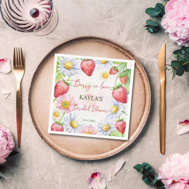 Guardanapo De Papel Morangueiro apaixonado morango chá de noiva impres (Berry in love summer garden daisies strawberry bridal shower printed napkins personalized tableware)