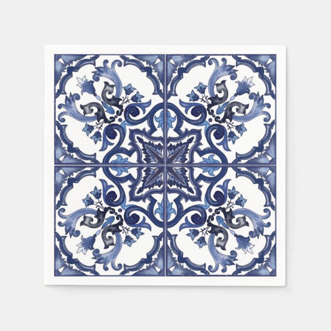 Guardanapo De Papel Mosaico Maiolica Siciliano, italiano azul e branco (Frente)