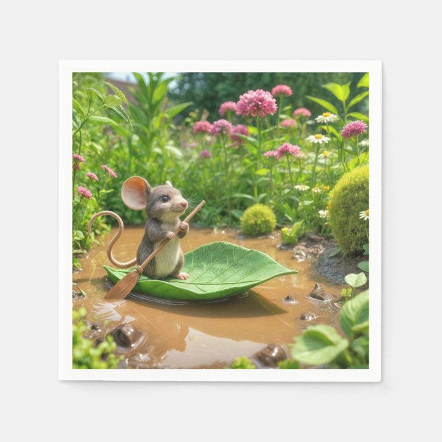 Guardanapo De Papel Mouse Remando um Barco Verde Folha (Frente)