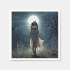Guardanapo De Papel Mulher Bonita Caminhando em um Cemitério Iluminado