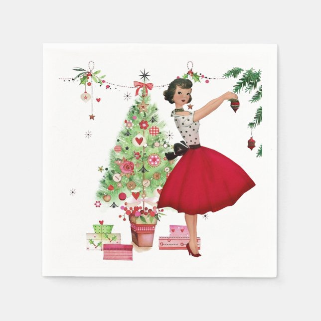 Guardanapo De Papel Mulher do Natal de 1950 com árvore de Natal (Frente)