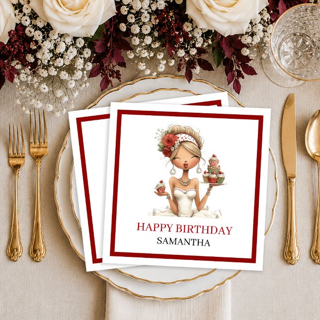 Guardanapo De Papel Mulher Excêntrica e Elegante Marsala Convite de An (Stylish Quirky Woman Marsala Script Birthday Napkins

)