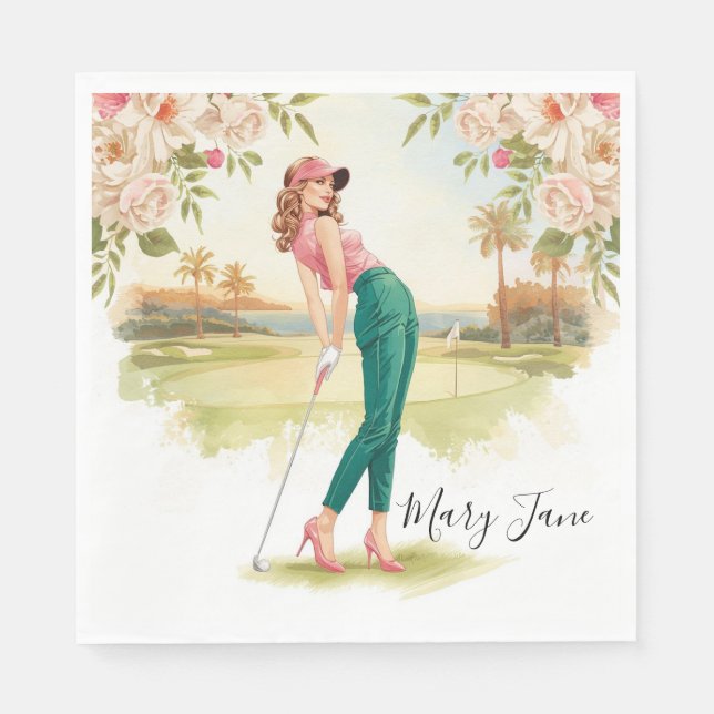 Guardanapo De Papel Mulher jogando golfe em campo de golfe (Frente)