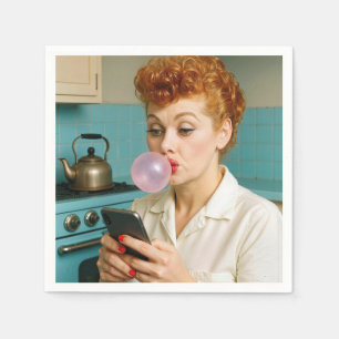 Guardanapo De Papel Mulher Ruiva Retro Enviando Mensagens de Texto no 