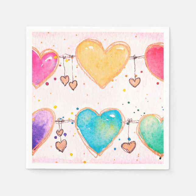 Guardanapo De Papel Multi Heart Watercolor Valentine Cocktail Napkin (Frente)