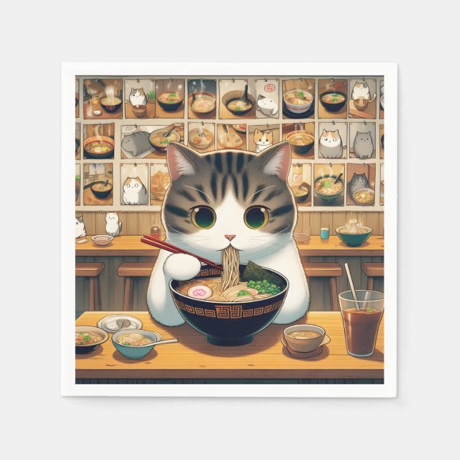 Guardanapo De Papel Munchkin Cat Eating Ramen (Frente)