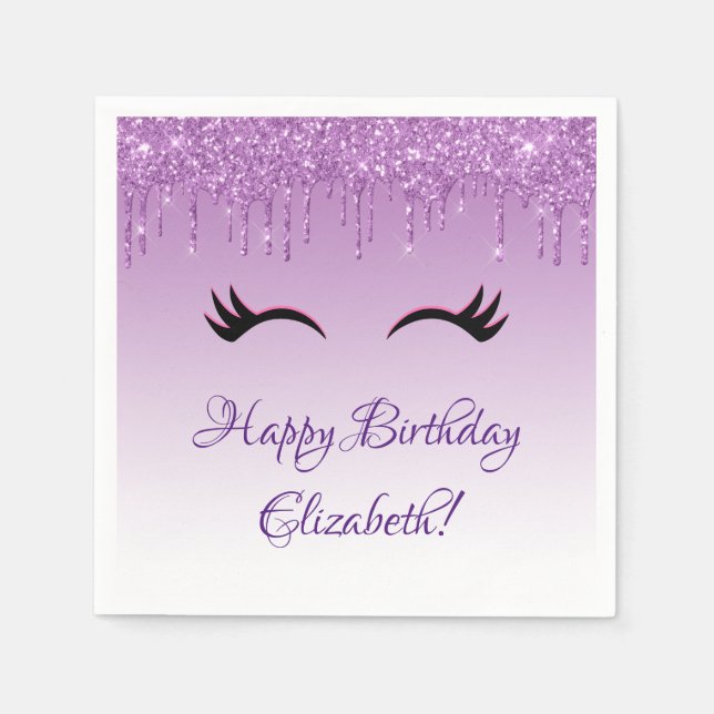 Guardanapo De Papel Na moda Black Eyelashes & Purple Glitter Birday (Frente)