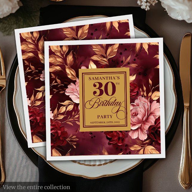 Guardanapo De Papel Na moda Blush Burgundy aniversário de 30 anos Dour (Stylish Blush Burgundy Gold 30th Birthday Napkins )