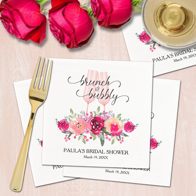 Guardanapo De Papel Na moda Brunch e Chá de panela Inverso (Chic champagne flutes with watercolor pink and cream floral bridal shower personalized napkins)