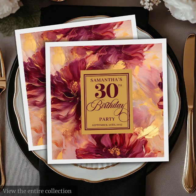 Guardanapo De Papel Na moda Burgundy Blush Dourada Parte (Stylish Burgundy Blush Gold 30th Birthday Party Napkins)