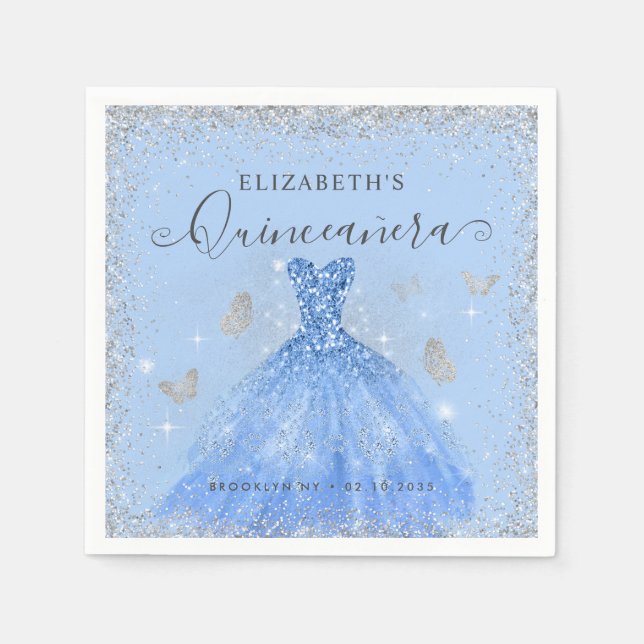 Guardanapo De Papel Na moda Dusty Blue Silver Glitter Quinceañera (Frente)