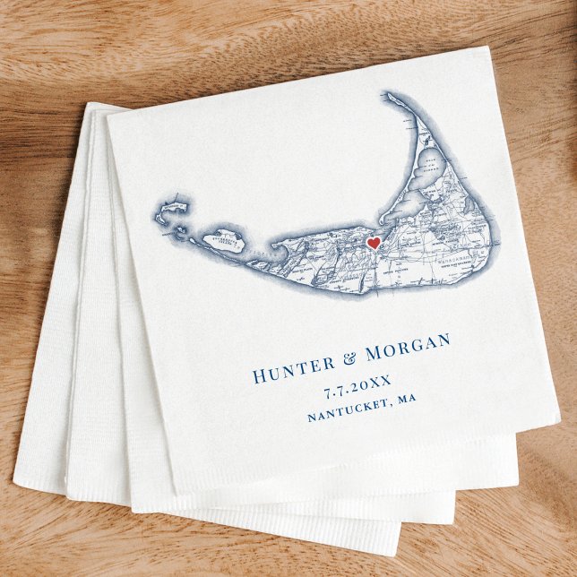 Guardanapo De Papel Nantucket MÃE Map Marinho Elegante Casamento Azul (Nantucket MA Map Wedding Cocktail Napkins in Elegant Navy Blue from Coastal Map Designs)