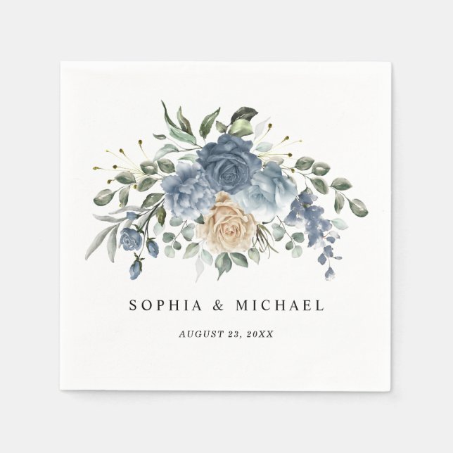 Guardanapo De Papel Napkin, Elegant Dusty Blue Floral Wedding (Frente)