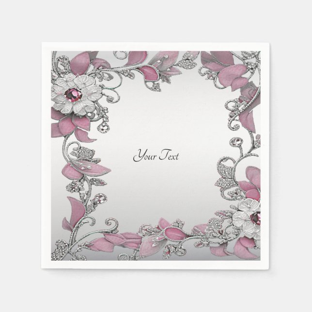 Guardanapo De Papel Napkins Floral Branco Prateado Rosa (Frente)