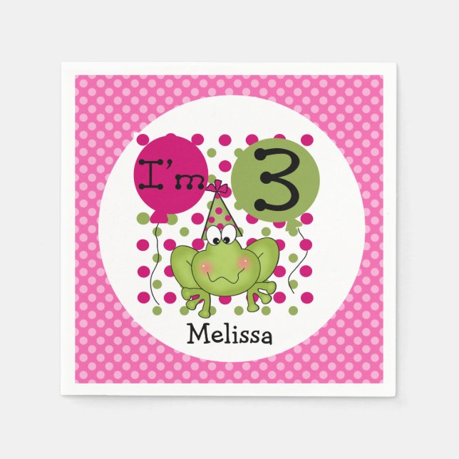 Guardanapo De Papel Napkins para aniversário de 3 anos de Sapo rosa (Frente)