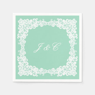 Guardanapo De Papel Nata-coquetel verde e branco de renda