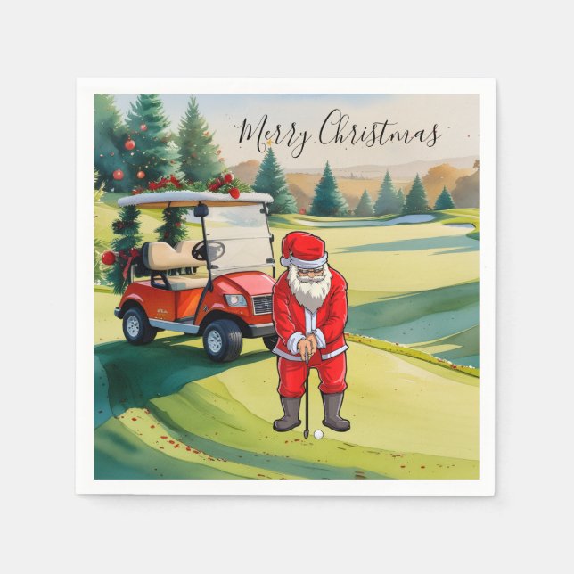 Guardanapo De Papel Natal de golfe com Papai Noel jogando golfe (Frente)